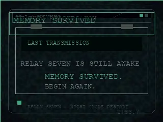 Final frame of The Last Low-Bandwidth Message showing the Relay Seven terminal and the words Memory Survived, Begin Again